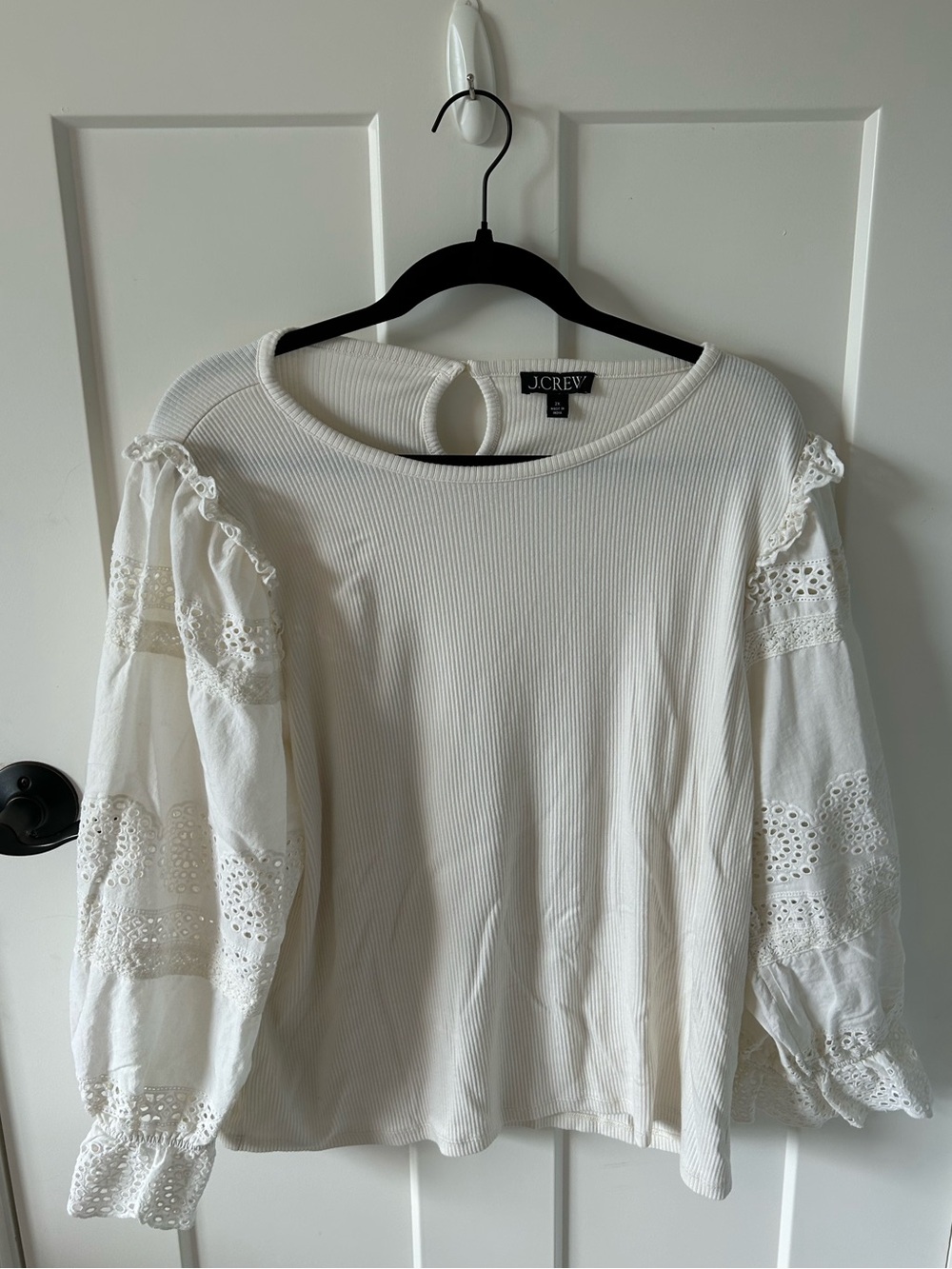 J. Crew White Ribbed Top with Eyelet Puff Sleeves